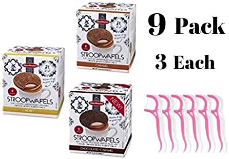 Daelmans Stroopwafels Wafers Cube Variety Pack (Caramel, Honey, Chocolate) Jumbo Size (Pack of 9) Bundled with 20ct Dental Flossers in a Prime Time Direct Sealed Bag