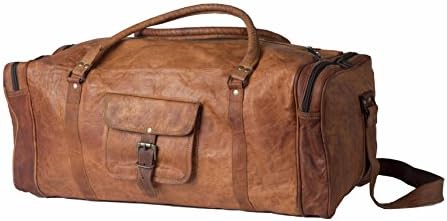 Leather Vintage Trim Travel Duffel Bag Unisex Gym Sports Shoulder Bag By INDO CRAFT (24X9X9inches)