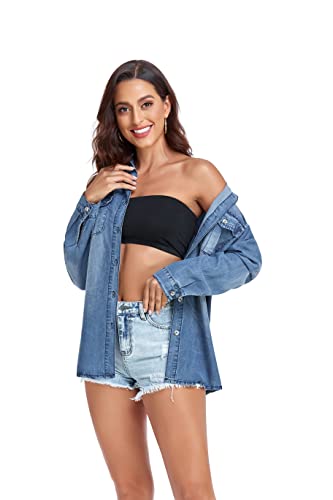 WOMEN’S LONG SLEEVE BUTTON DENIM SHIRT V NECK COTTON CLASSIC CASUAL JEAN SHIRTS FOR WOMEN BLUE