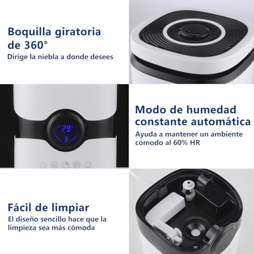 Glückluz Humidificador de Aire 4L para Dormitorio, Humidificador Ultrasónico y Difusor de Aromas con Boquilla 360° - Control de Humedad, Temporizador, Apagado Automático para un Ambiente Silencioso