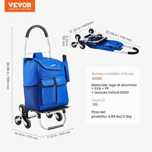 Carrello Saliscale, Carrello Spesa Pieghevole 36L, Carrello Lavanderia, Carrello Saliscale con 6 Ruote e Borsa in Tessuto Oxford, Carrello Pieghevole per Lavanderia, Arrampicata Capacità 68 kg