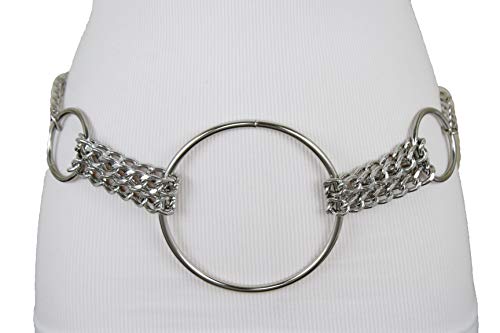 TFJ Women Fancy Fashion Skinny Belt Hip Waist Silver Metal Chain Big Ring Buckle M L XL