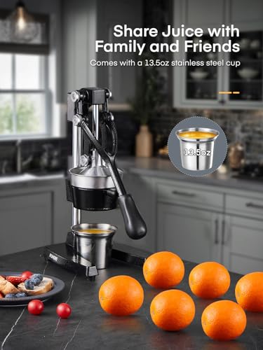 FOHERE Lemon Squeezer Juicer, Cast Iron Juicer Manual Citrus Lemon Juice Press, Hand Press Juicer for Grapefruit Pomegranate, Orange, Lemonade, Commercial Manual Citrus Juicer, Easy to Clean (Black)
