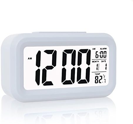 Alarm Clock, UNEGO LCD Alarm Clock Slim Digital Clock Large Display Alarm Clock Battery Operated Calendar Travel Clock for Office Home (Soft Back-Light,Snooze Function,Temperature Display)-White