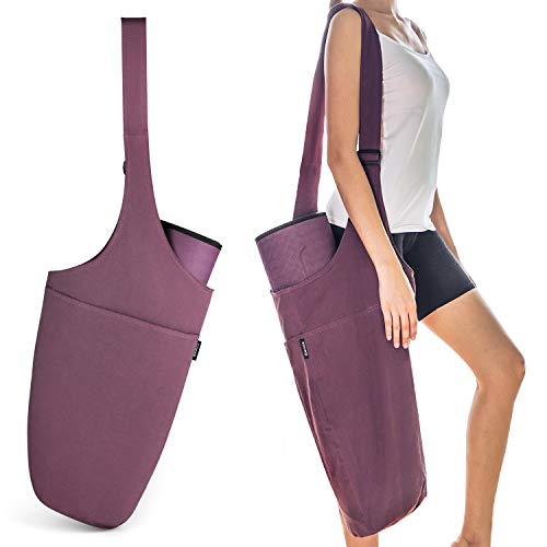 Gonex Yoga Mat Bag, Yoga Mat Carry Bag Tote Sling Carrier for Women with 1 Large Open Pocket & 1 Interior Zipper Pocket Adjustable Shoulder Strap Washed Canvas, Purple