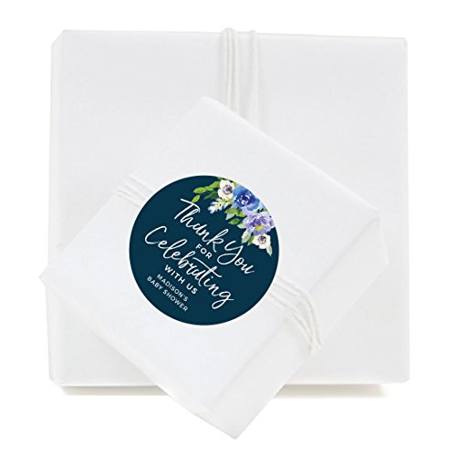 Andaz Press Navy Blue Hydrangea Floral Garden Party Baby Shower Collection, Personalized Round Circle Label Stickers, Thank You for Celebrating With Us, 40-Pack, Madison's Baby Shower Custom Name