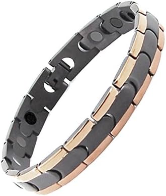 Elegant Stainless Steel Men's/Unisex Bracelet With, Germanium, FIR, Anion, Energy Power Stone, Magnets Therapy for Pain Relief & More (Black and Rose Gold)