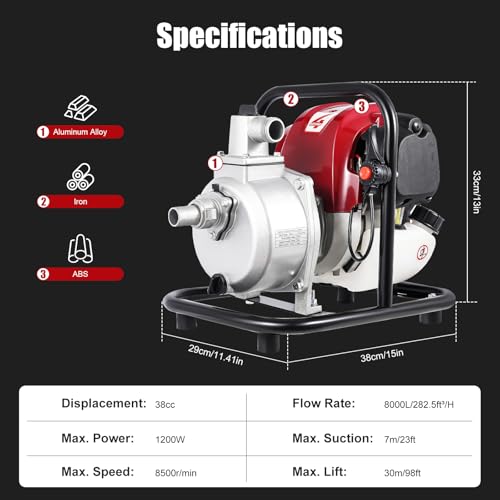 YIYIBYUS 1" Inch Water Transfer Pump, 38CC 4-Stroke Portable Gas Gasoline Engine photo 8