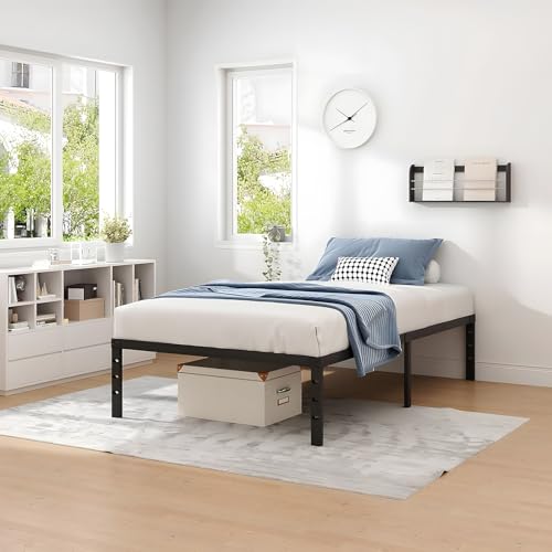 OSLIFE Base Cama Individual，18 Pulgadas de Altura ，Espacio de Almacenamiento Debajo de la Cama, con Agujeros en el Cabecero，Hierro Metálico Camas，Fácil de Montar, con Gran Capacidad de Carga