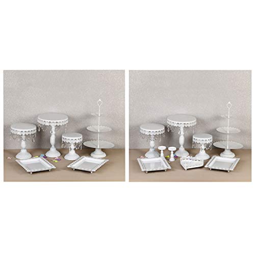 Proshopping 9 Set Antique Metal Cake Stand, Classical Round Cupcake Holder, Cake Plate Tray, Cookie Pedestal Display Tower, for Wedding Birthday Party, with Crystals Pendants and Beads, White - Thumbnail 3