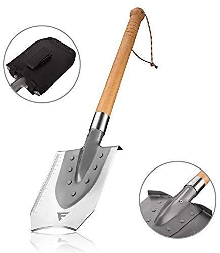 FiveJoy Camping Shovel - High Carbon Steel Blade Survival Shovel with Hard Wood Handle - Portable Trench Shovels for Gardening Metal Detect Off-Road Emergency (J2) - Excellent for Snow Digging