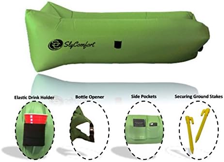 SlyComfort Inflatable Air Lounger, Waterproof Nylon Ripstop Portable Lazy Bag With Pockets, Anchor &amp; Bottle Opener, Outdoor or Indoor for Camping, Beach, Park, Backyard, Float, Lounge Chair (Green)