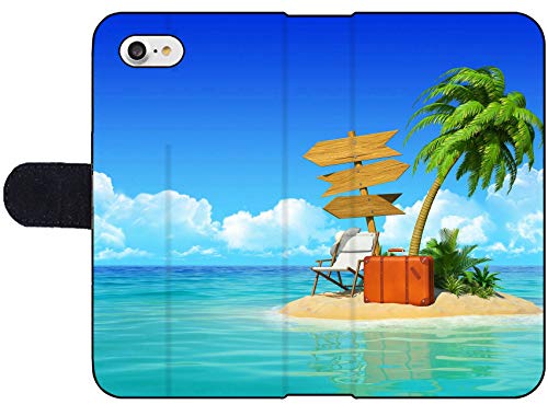 Liili Premium iPhone 7 Flip Micro Fabric Wallet Case Desert Tropical Island with Palm Tree Chaise Lounge Suitcase and Three Empty Wooden Signpost Concept Image