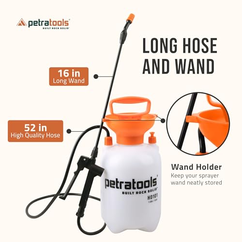 PetraTools HD101 Garden Pump Sprayer, 52-in Long Hose & 2 Nozzles, 1 Gallon | Weed Sprayer 1 Gallon w/ Easy Carry Handle & Built-In Filters - For Watering, Fertilizing, Rock Glue, Mulch Glue Applications