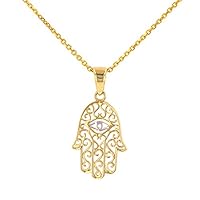 JewelryAmerica Solid 14K Gold Filigree Hamsa Hand of Fatima with Evil Eye Pendant Necklace, 18"