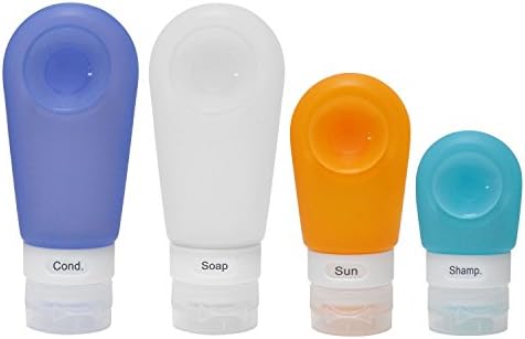 4 Pack Portable Silicone Travel Bottles Strong Suction Cup Leak Proof, with Facial Brush and Toothbrush Case Covers, FDA Certificated Pack P44