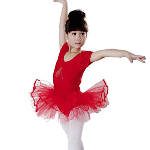 Toddler Girls Gauze Leotards Bodysuit Dancewear Dress Short Sleeve Ballet Skirts (Red, 24M)