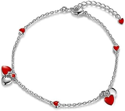 Glede Lady don't Fade Red Heart Pendant &amp; 925 Silver 8.9" Rose Gold / Silver White Anklet (Silver white)