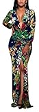 Sexycherry Women Deep V Collar Long Sleeves Sexy Flower Print Maxi Stretch Bodycon Party Dress (XX-Large, Flower)
