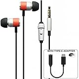 Motorola Moto Z Force Droid Compatible Premium Sound Hands-free Headset Earphones w Mic TYPE-C Audio Adapter Headphones Converter Metal Earbuds [Wood Trim]