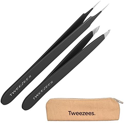 Tweezees Precision Black Coated Stainless Steel Tweezers - Professional Slant Tip &amp; Splinter Tip Tweezer - Includes a Canvas Storage Bag!