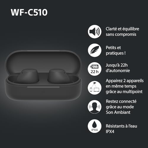 WF-C510 Truly Wireless - Ecouteurs Intra-Auriculaires Bluetooth, Petits, Légers, Connexion Multipoint, Son Ambiant, IPX4, Spotify Tap, Charge Rapide, Batterie jusqu'à 22h, iOS et Android – Noir