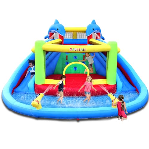 Causeair Inflatable Water Slide with Bounce House,Dolphin Styling,Splashing Pool,Double Water Cannon,Climbing Wall,Heavy Duty GFCI Blower,Inflatable Water Park Slide for Kids Backyard Summer