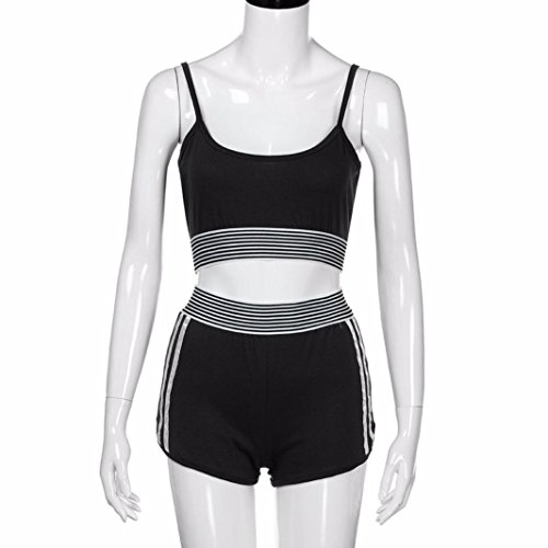 Women Sports Spaghetti Strap Crop Tank Top With High Waist Shorts Set,Sunward 2 Pieces Tracksuits (Black, XL) - Thumbnail 2