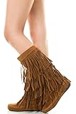 Refresh JOLIN-02 Women's Fringe Moccasin Flat Heel Zipper Under Knee High Boots, Color:TAN, Size:7