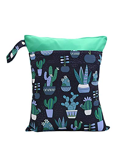 2pcs Cloth Diaper Wet Dry Bags Waterproof Reusable with Two Zippered Pockets Travel Beach Pool Daycare Soiled Baby Items Yoga Gym Bag for Swimsuits or Wet Clothes (Feather & Cacuts) - Thumbnail 2