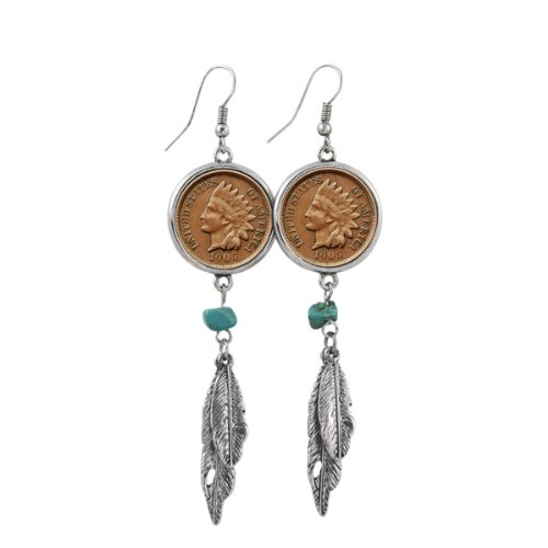 American Coin Treasures 100 Year Old Indian Head Penny Feather Silvertone Coin Earrings