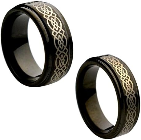 Wedding Band Ring Set For Him &amp; Her 9MM/7MM Tungsten Carbide Step Edge Black Enamel Celtic Knot design Center