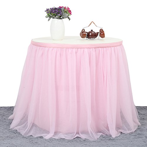 6FT Pink Tulle Table Skirt Highend Gold Brim 3 Layer Round or