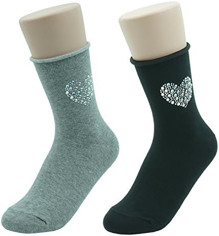 PnD Women's Rhinestones Heart Pattern Casual crew Socks 2-Pack (Grey 1 Pair , Black 1 Pair)
