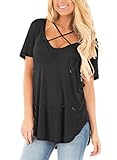 Sidefeel Women Crisscross Front V Neck Ripped T-shirt Destroyed Blouse Tops