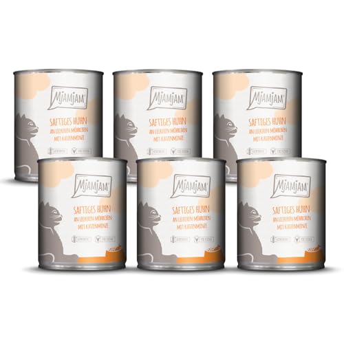 MjAMjAM - comida húmeda premium para gatos - jugoso pollo con deliciosas zanahorias, pack de 6 (6 x 800 g), sin cereales con extra de carne
