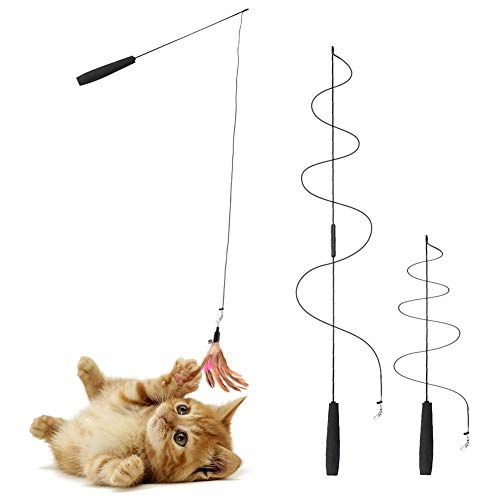 Feather Teaser Cat Toy, 1PCS Retractable Cat Wand Toys and 5PCS Replacement Teaser with Bell Refills, Interactive Catcher Teaser and Funny Exercise for Kitten or Cats.