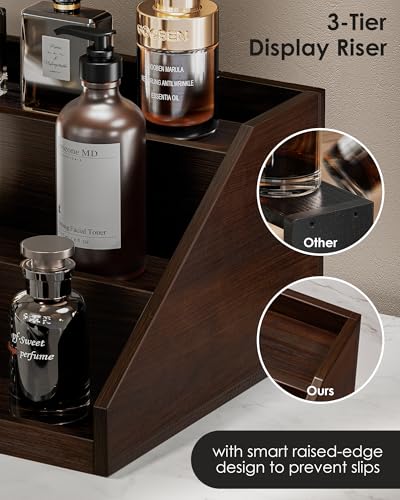 ProCase Wooden Cologne Organizer for Men, 3-Tier Elevated Wood Perfume Storage Display Shelf with Drawers, Dresser Storage Stand Riser for Fragrance Skin Care, Gift for Boys Men Dad Husband (Brown)