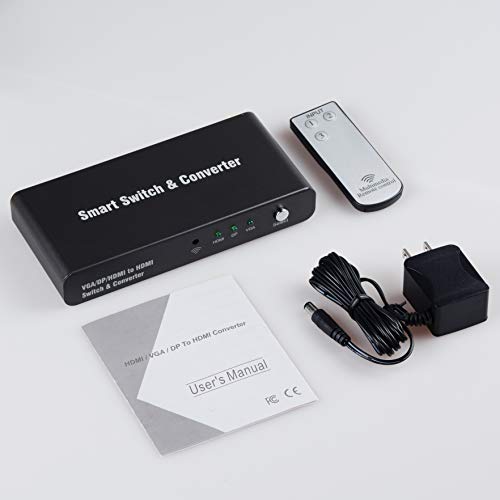 TFIVE 3x1 HDMI+VGA+ DisplayPort to HDMI Converter KVM Switch w/Automatic and Priority Switching – Multi-Format HDMI and VGA to HDMI Switch – 1080p,for PC Laptop Display Computer Mac Projector PS4