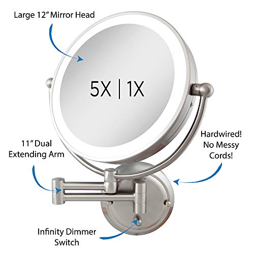 Zadro 5X Flurescent Surround Glamour Mirror Round Double Sided Dual Arm Hard Wire Ready, Satin Nickel, 14 inches