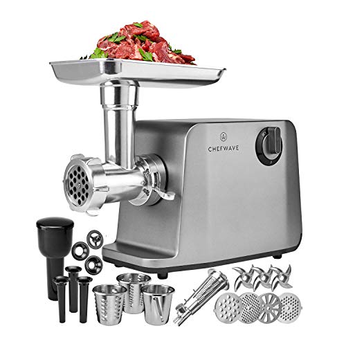 ChefWave Electric Meat Grinder FDA Approved - Stainless Steel Heavy Duty 1800W Max 3-Speed - 4 Grinding Plates, 3 Cutting Blades, Tomato Juicer, Sausage Stuffer Tubes + Cutting Board + Sausage Pricker