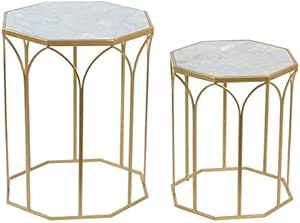 Set de 2 Mesitas Auxiliares Octogonales de Metal y Mármol en Dorado