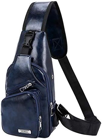 Men's Sling Bag Waterproof Leather Shoulder Chest Crossbody Bag with USB Charging Port (Blue)
