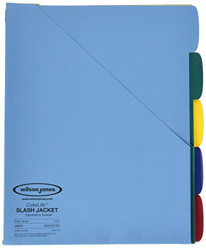 Wilson Jones ColorLife Plus Expanding Slash Jackets, 3 Hole Punched Foldout Flap, 0.5 Inch Expansion, 120 Sheet Capacity, 5 Jackets per Pack, Assorted Colors (W28800)