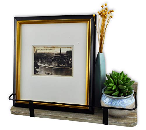 Spiretro Set of 2 (Large & Small) Grey Wall Mount Floating Shelves Rustic Torched Wood Espresso Black Metal Rail Storage Organize and Display for Living Room Bedroom Kitchen Room Bathroom Closet
