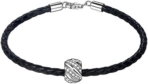 ZENI Leather Woven Bracelet 925 Sterling Silver 3A Zirconia “Shining Galaxy” Charm Bead 7.5 Inches Black Women and Men Couple Bracelet♥Mother’s Day Gifts♥