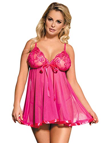 DotVol Women Plus Size Lingerie Vintage Lace Sparkly Sequin Transparent Babydoll Sleepwear(US L/Tag XL, Rose Red) - Thumbnail 7