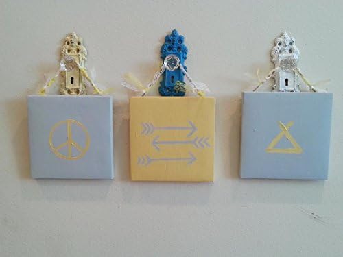 Gray and Yellow painted canvas set of 3 Bohemian Peace Sign, Tipee, Arrows with braided cord