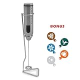 PREMIUM KitchenPROP Milk Frother and STAND and FREE 5x Holiday stencils, fully electric STAINLESS STEEL Whisk Frother for BEST foamy, smooth, creamy RESULTS, Ideal for Cappuccino, Hot Chocolate, Shake