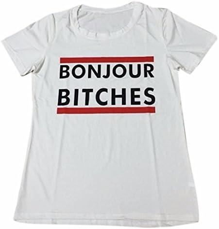 Women Cotton Shirt Bonjour Bitches Print Round Neck Short Sleeve Shirt Blouse